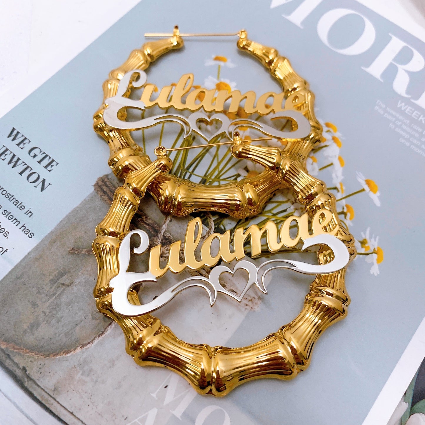 Double Plated Large Bamboo Earrings, Wood Name Earrings For Women