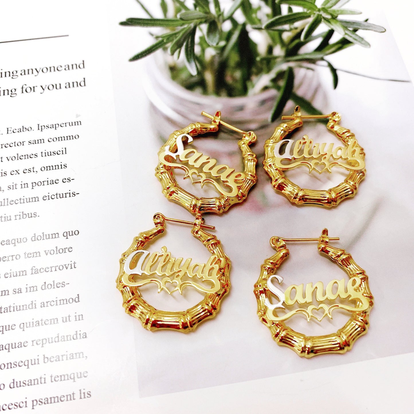 Double Plated Large Bamboo Earrings, Wood Name Earrings For Women