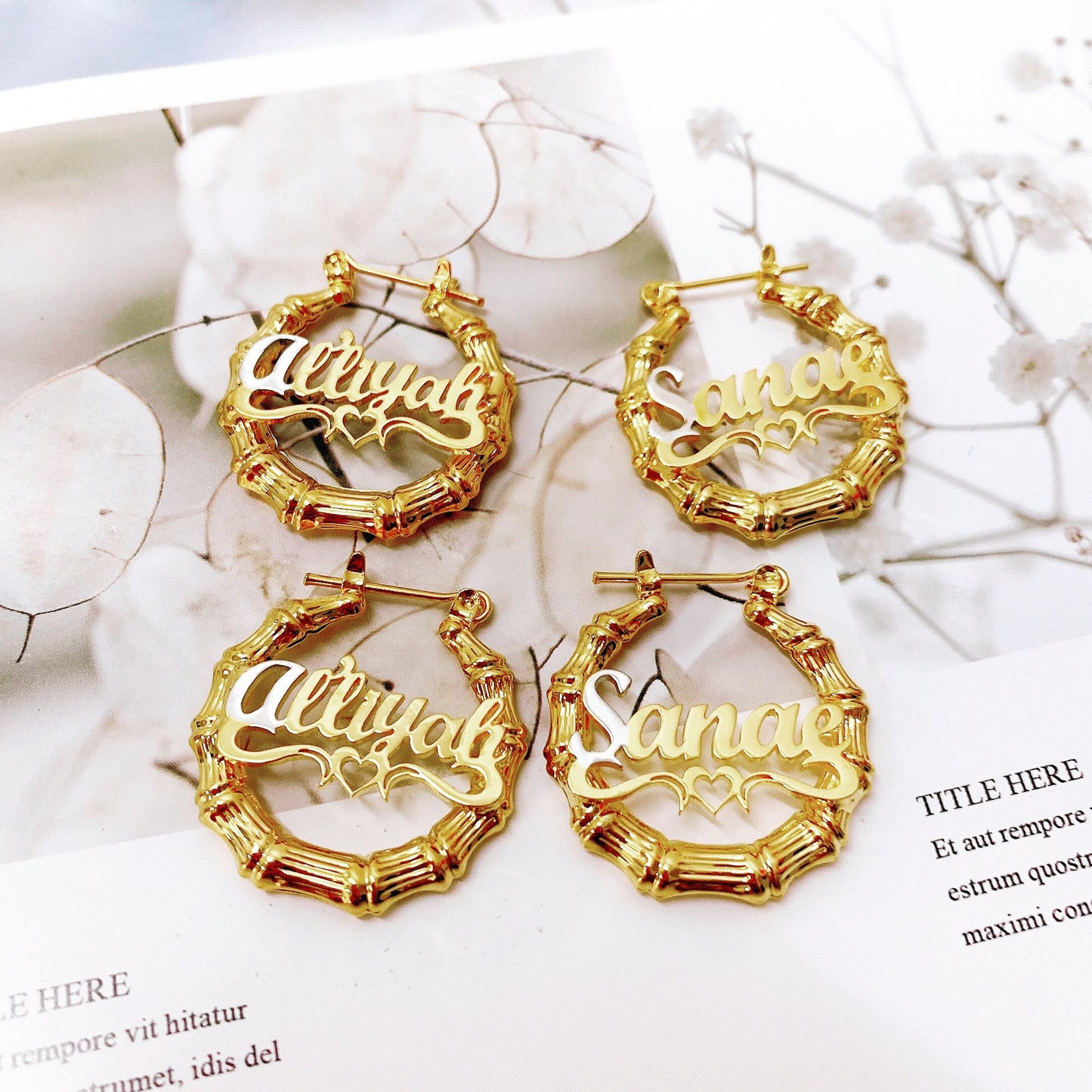 Double Plated Large Bamboo Earrings, Wood Name Earrings For Women