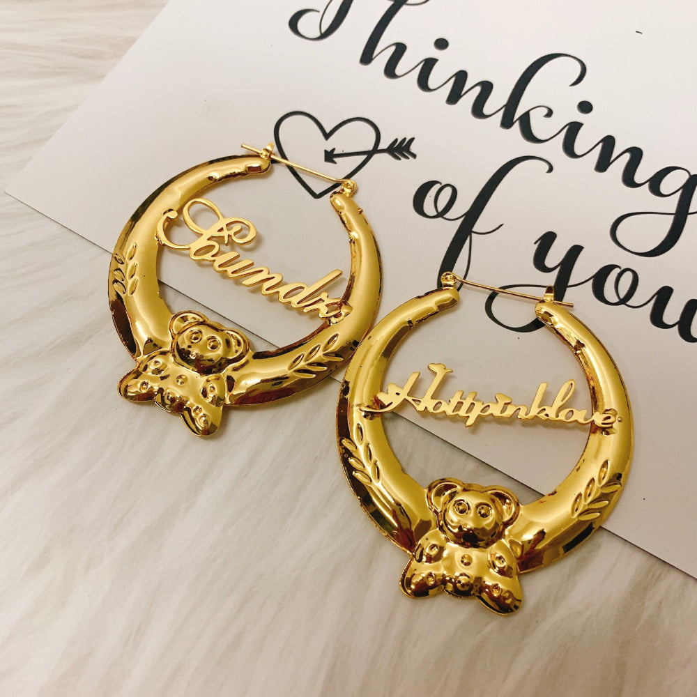 Cute Bear Hoops Earrings, Animal Nature Earrings, Teddy Nameplate Hoop Set