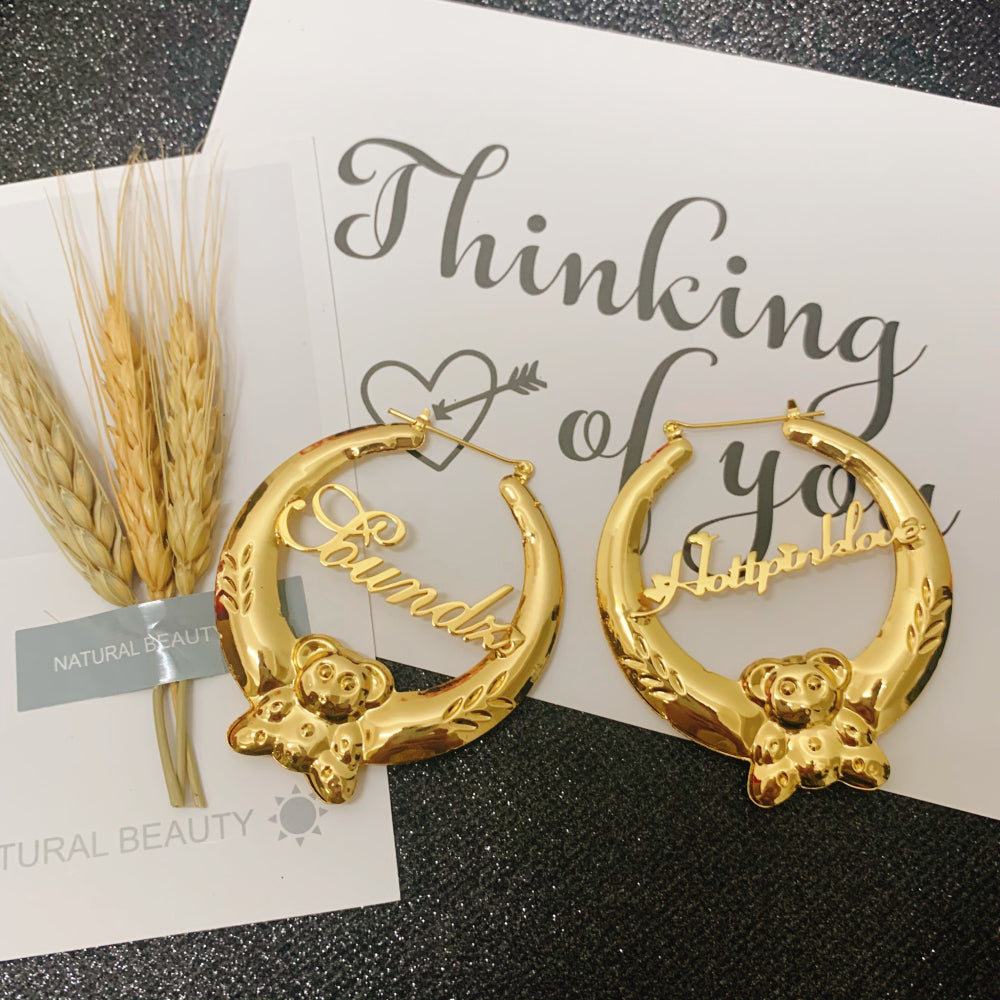 Cute Bear Hoops Earrings, Animal Nature Earrings, Teddy Nameplate Hoop Set