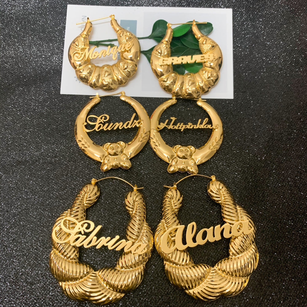Cute Bear Hoops Earrings, Animal Nature Earrings, Teddy Nameplate Hoop Set
