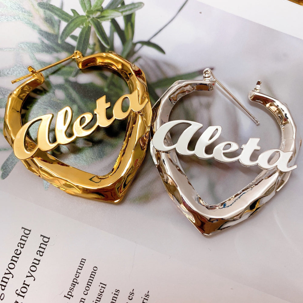 Mirror Hoop Earrings, Customized Name Hoops, Heart Shaped Large Hoops