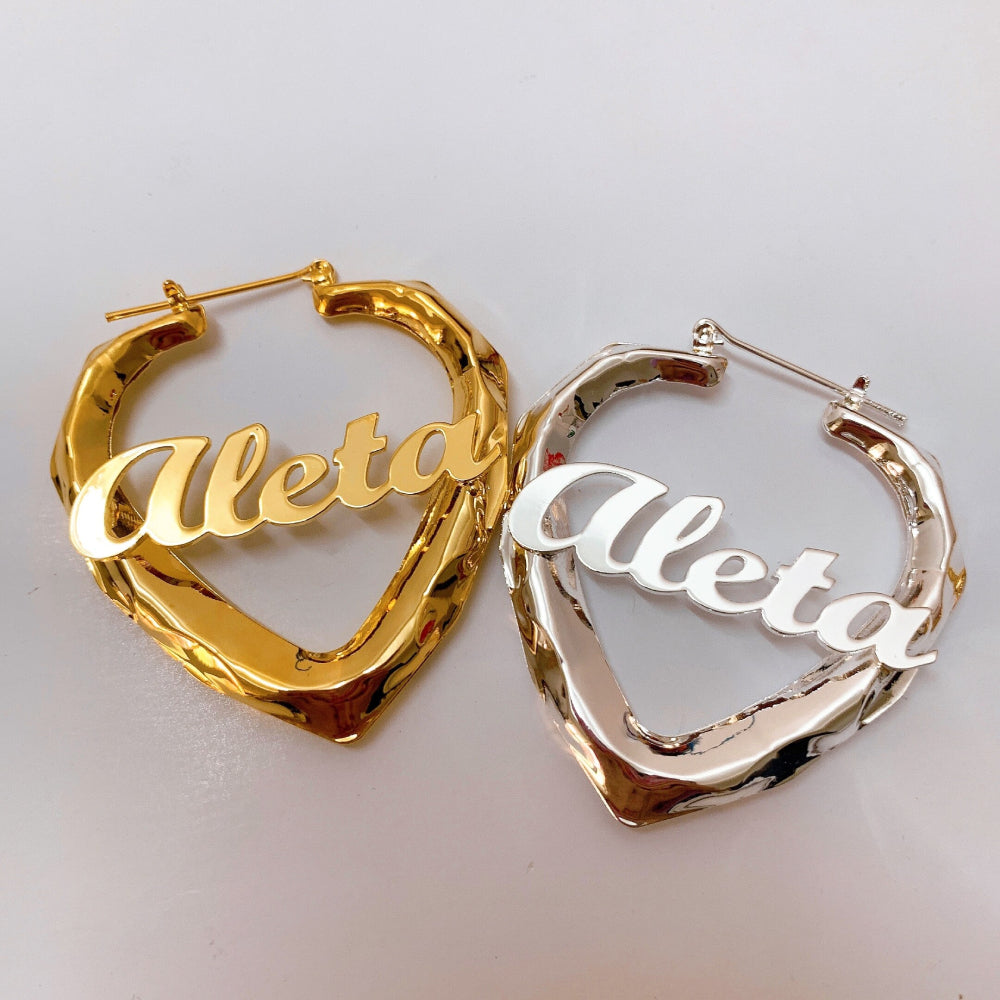 Mirror Hoop Earrings, Customized Name Hoops, Heart Shaped Large Hoops