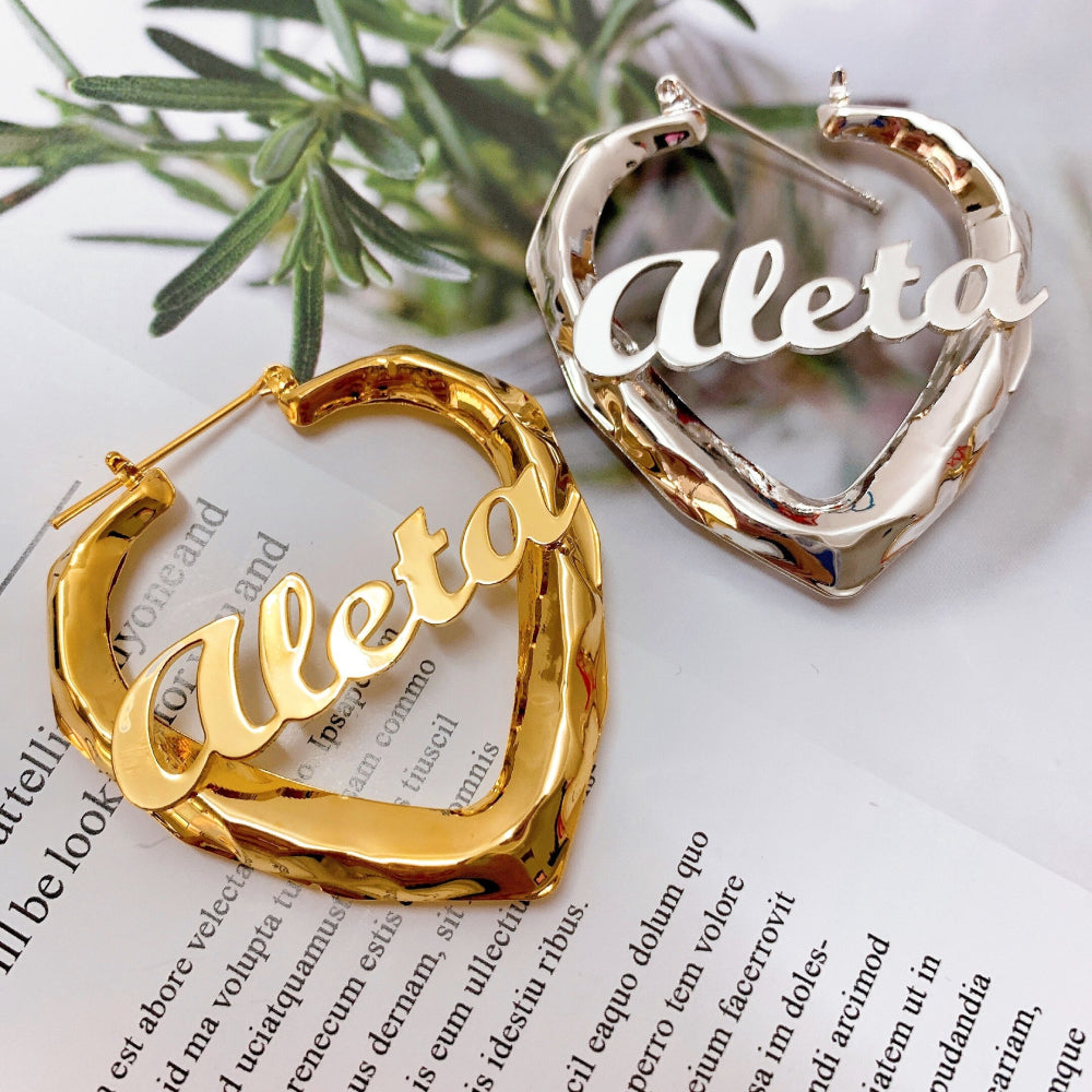 Mirror Hoop Earrings, Customized Name Hoops, Heart Shaped Large Hoops