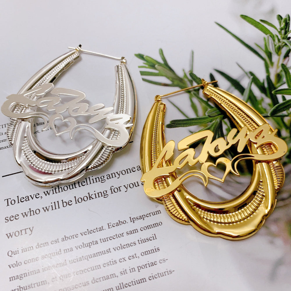 Bohemian Name Earrings, Mirror Hoop Earrings, Heart Ribbon Hoops For Her