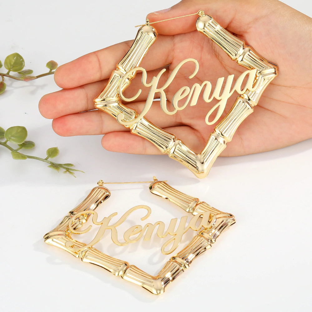 Personalized Real Bamboo Earrings, Rhombus Shaped Hoop with Name