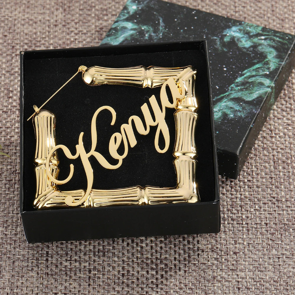 Personalized Real Bamboo Earrings, Rhombus Shaped Hoop with Name