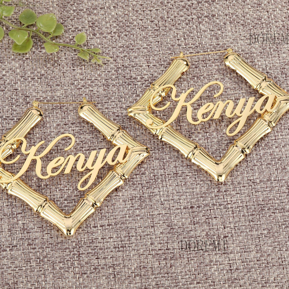 Personalized Real Bamboo Earrings, Rhombus Shaped Hoop with Name