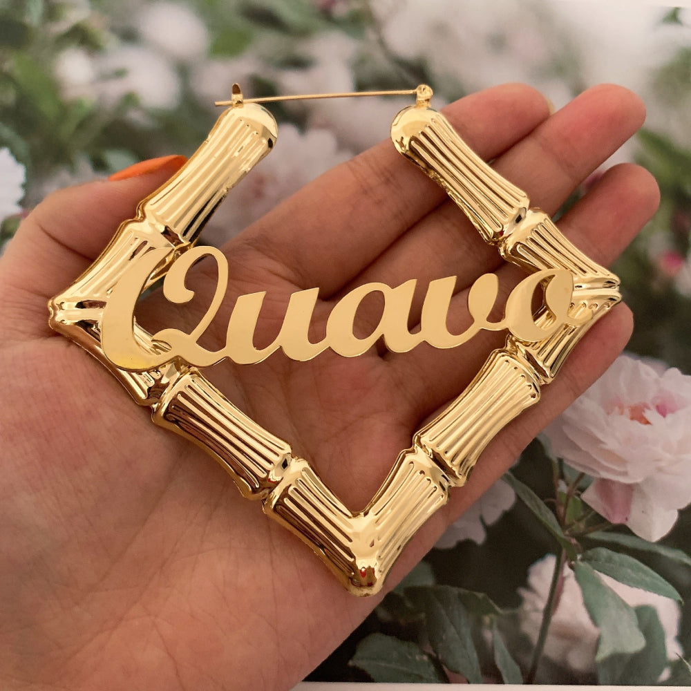 Personalized Real Bamboo Earrings, Rhombus Shaped Hoop with Name