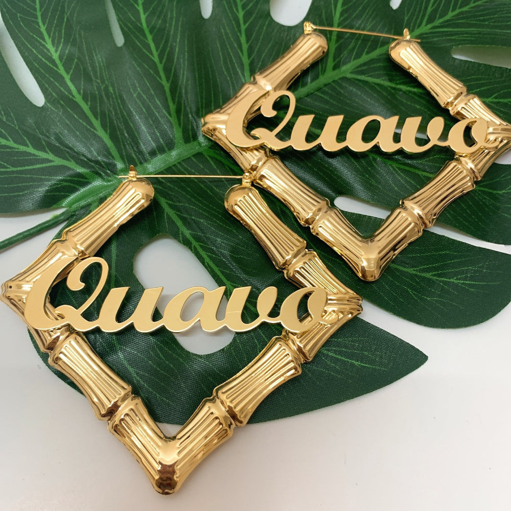 Personalized Real Bamboo Earrings, Rhombus Shaped Hoop with Name