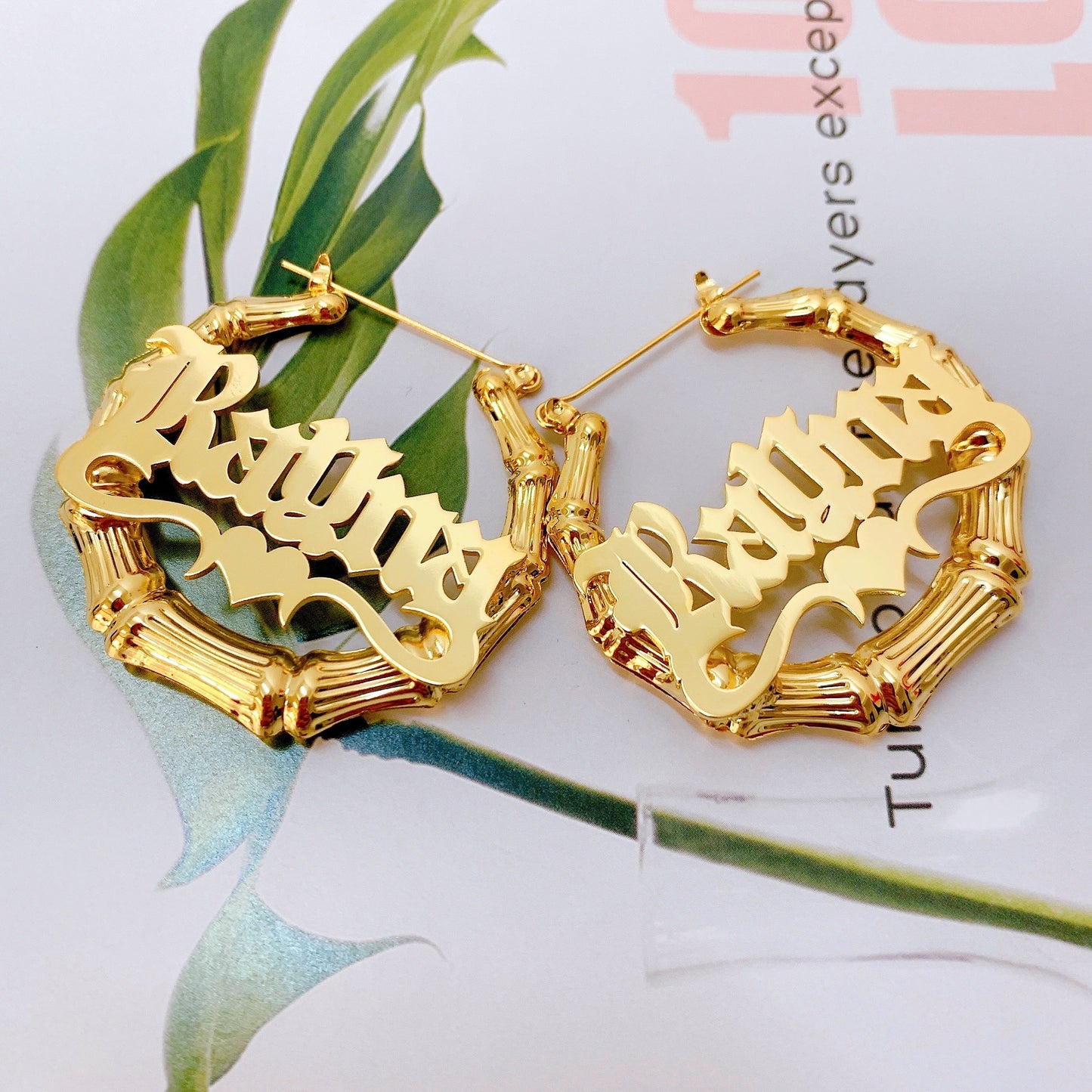Bamboo Hoop Earrings with Heart Ribbon, Custom Sexy Circle Name Hoops