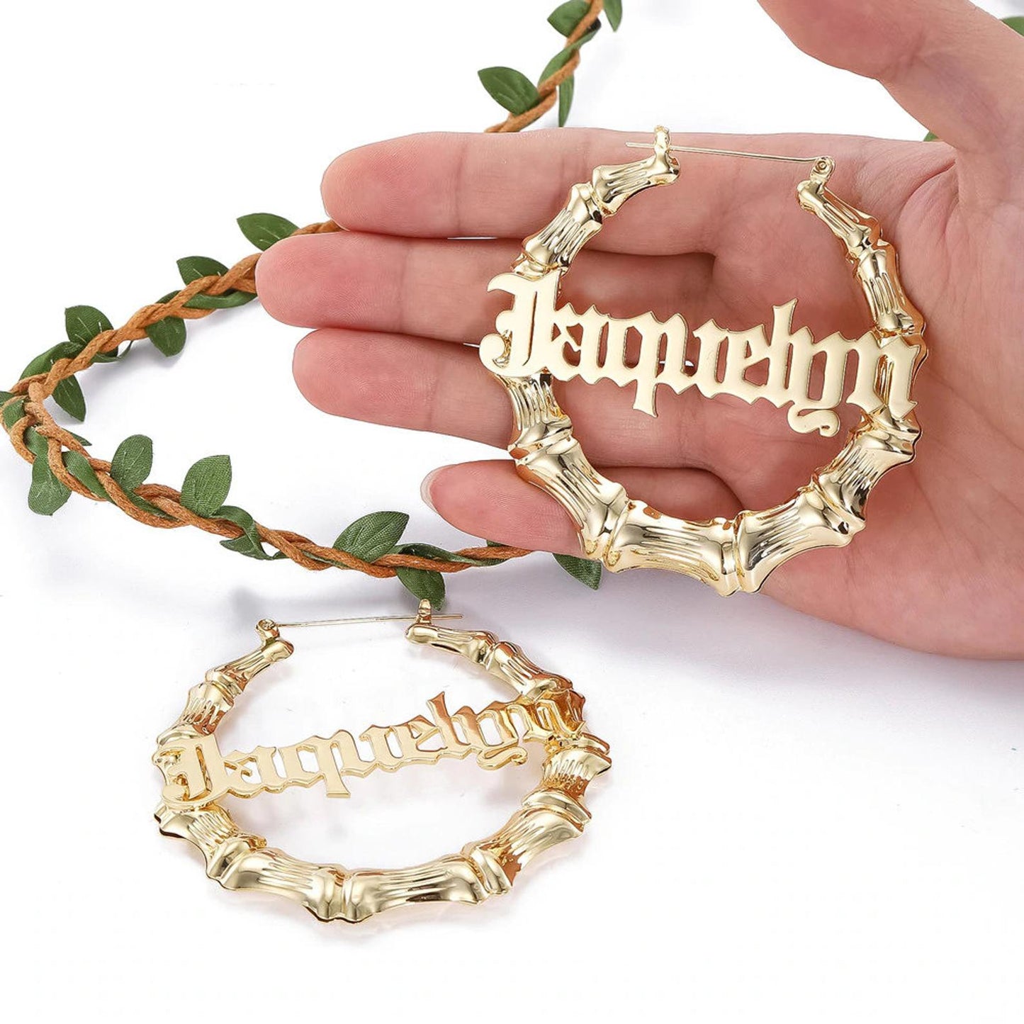 Personalized Big Hoop Earrings, Gold Natural Bamboo, Custom Name Hoop