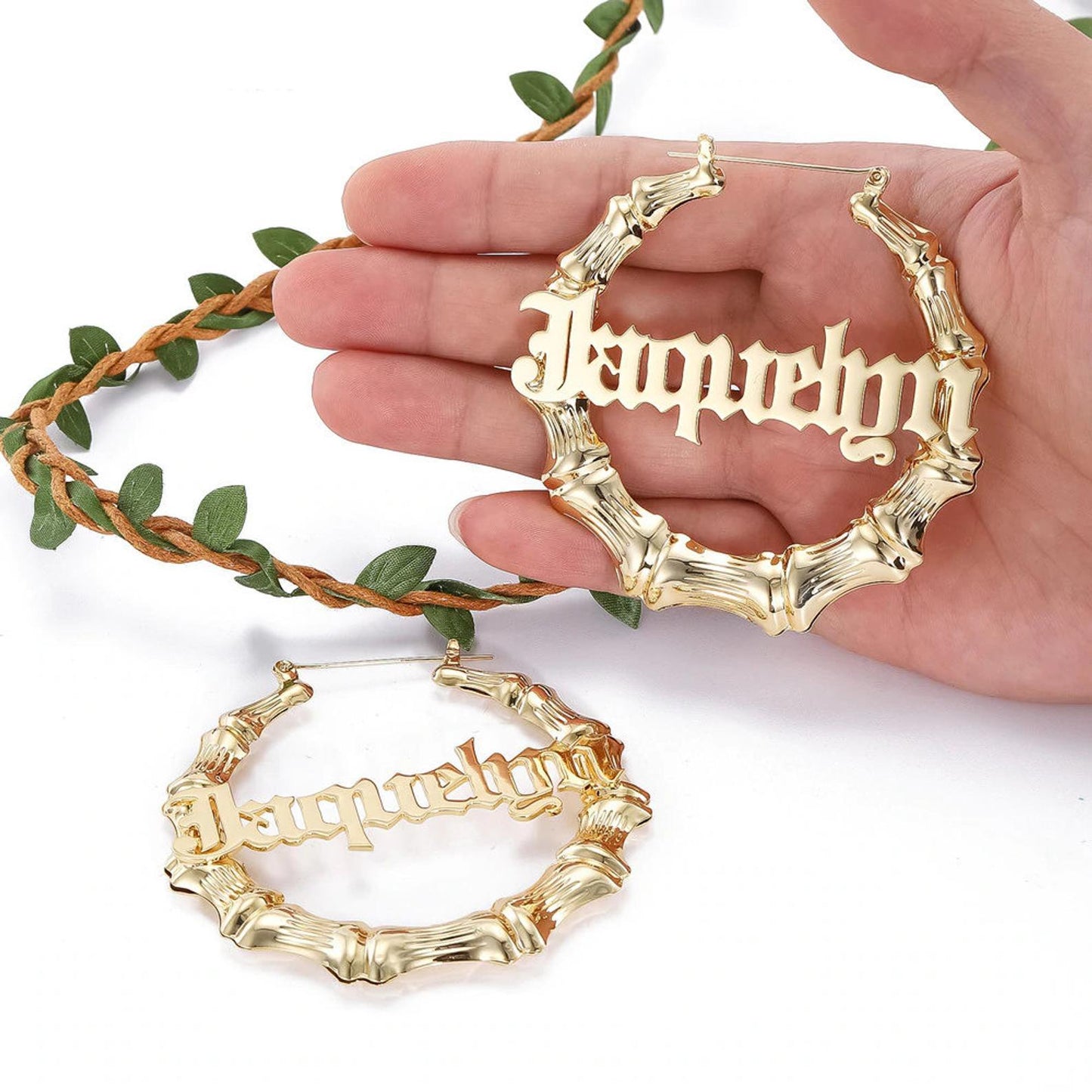 Custom Name Bamboo Earrings, Large Hoop Pair Of Earrings, Circle Hoops