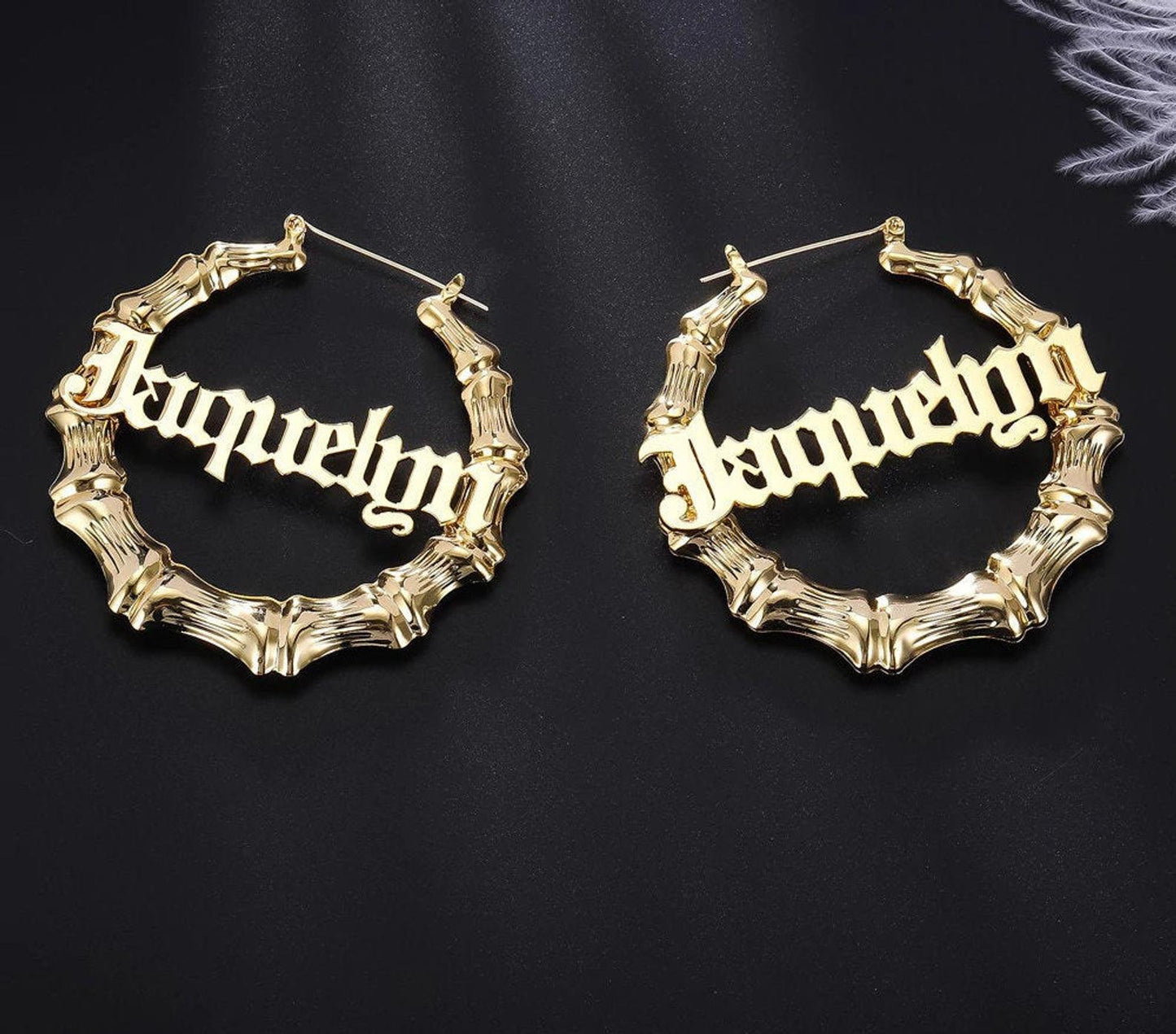 Personalized Big Hoop Earrings, Gold Natural Bamboo, Custom Name Hoop