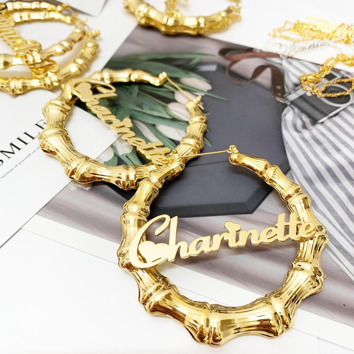 Custom Name Bamboo Earrings, Large Hoop Pair Of Earrings, Circle Hoops