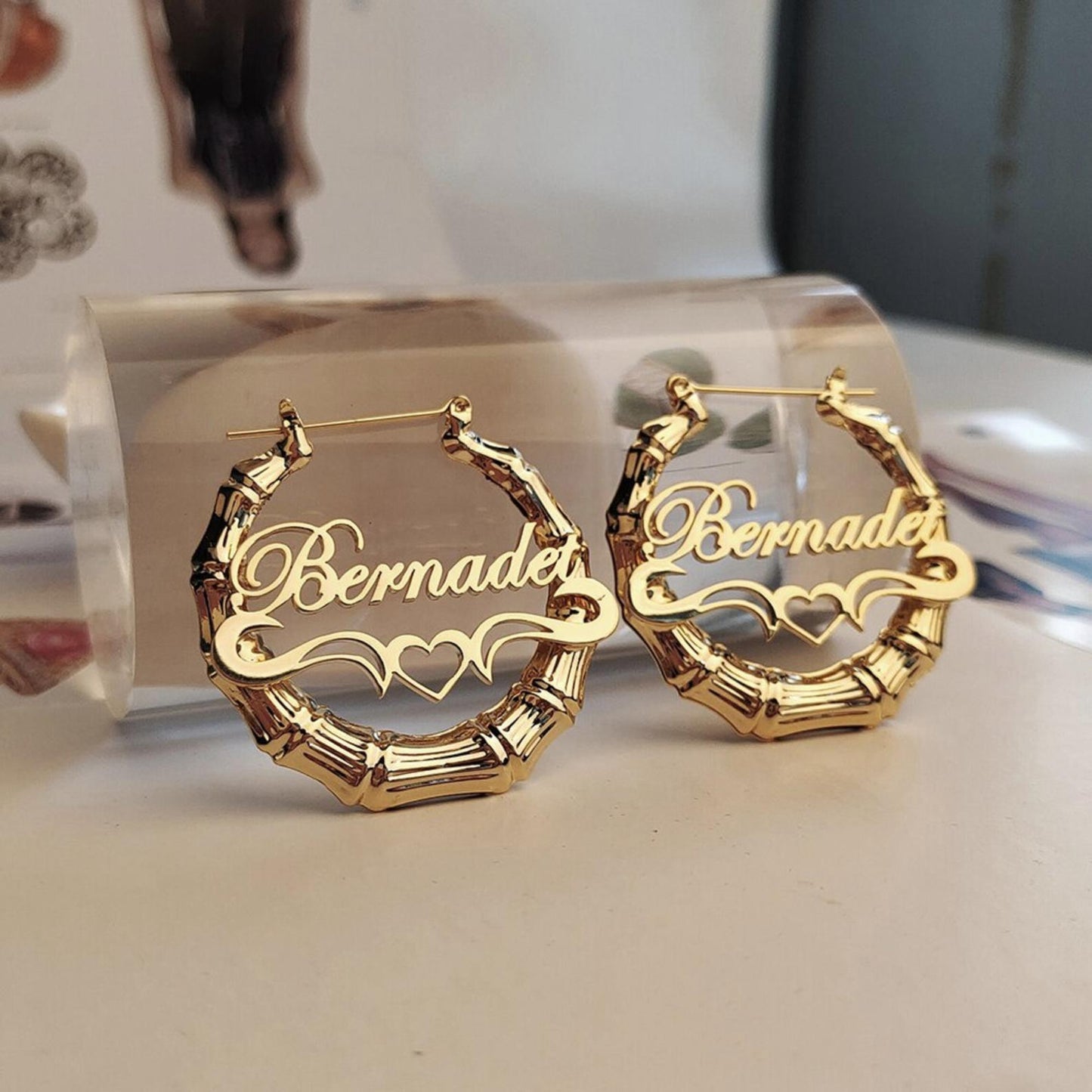 Custom Bamboo Name Earrings, Heart Bamboo Hoops, Nameplate Earrings