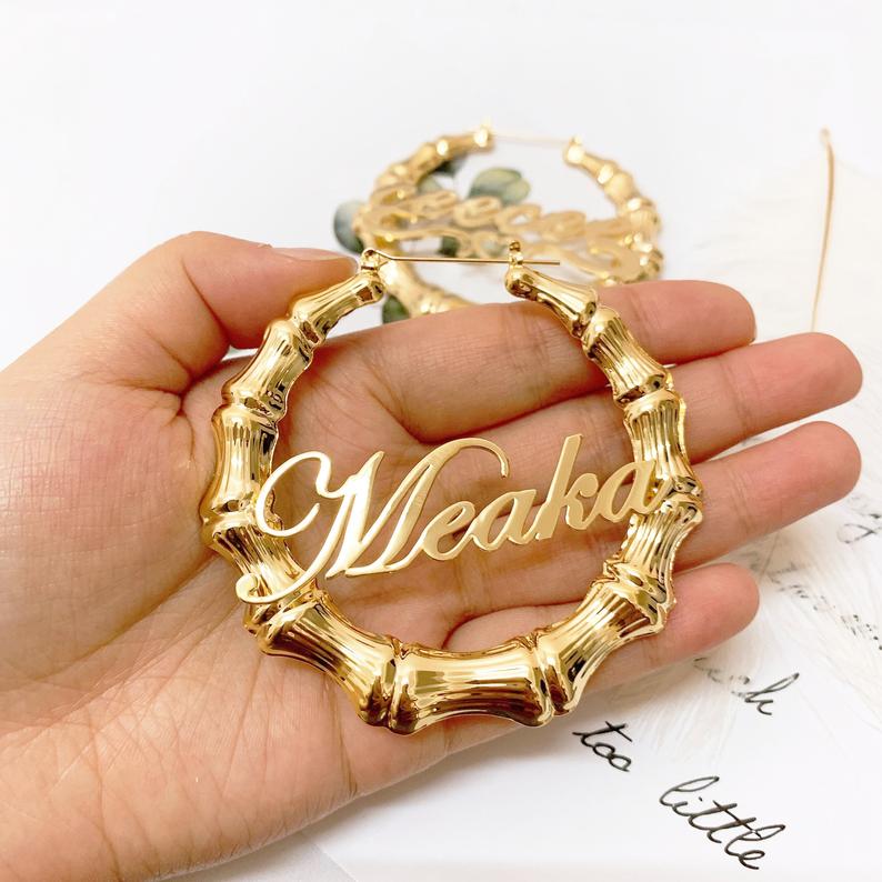 Custom Name Bamboo Earrings, Large Hoop Pair Of Earrings, Circle Hoops
