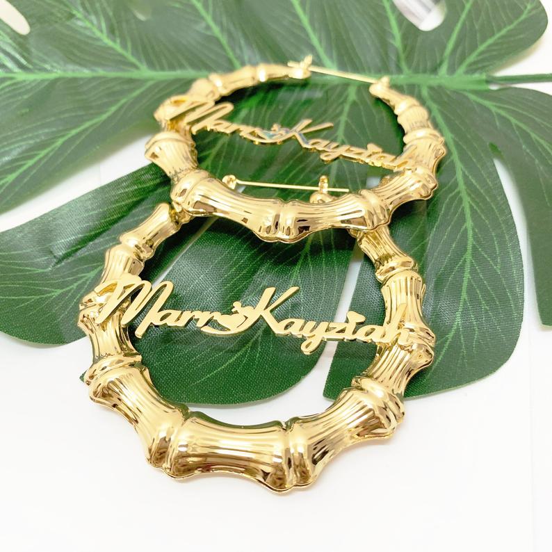 Custom Name Bamboo Earrings, Large Hoop Pair Of Earrings, Circle Hoops