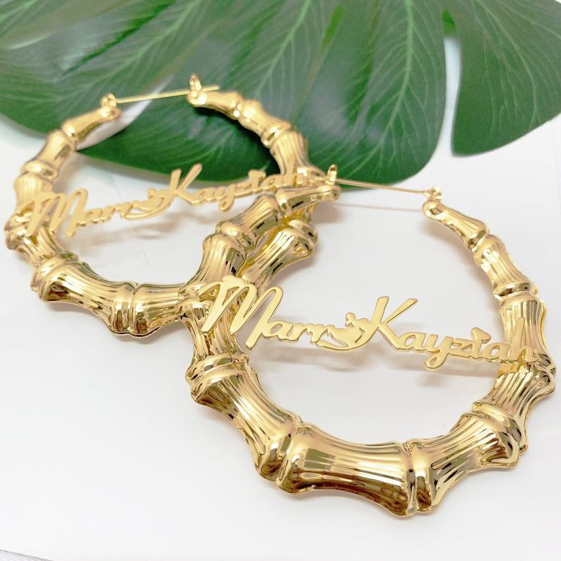 Custom Name Bamboo Earrings, Large Hoop Pair Of Earrings, Circle Hoops
