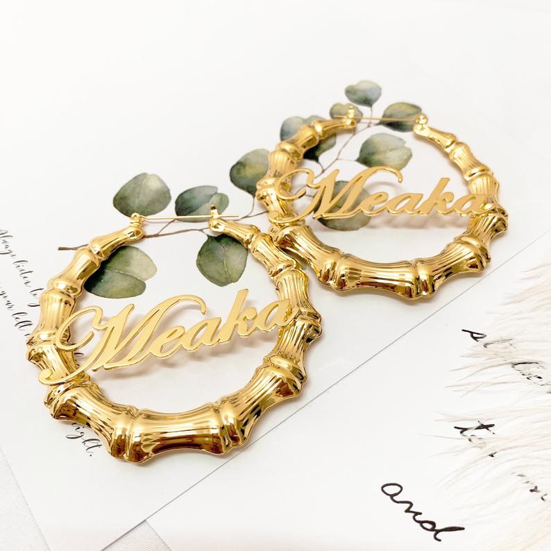 Custom Name Bamboo Earrings, Large Hoop Pair Of Earrings, Circle Hoops