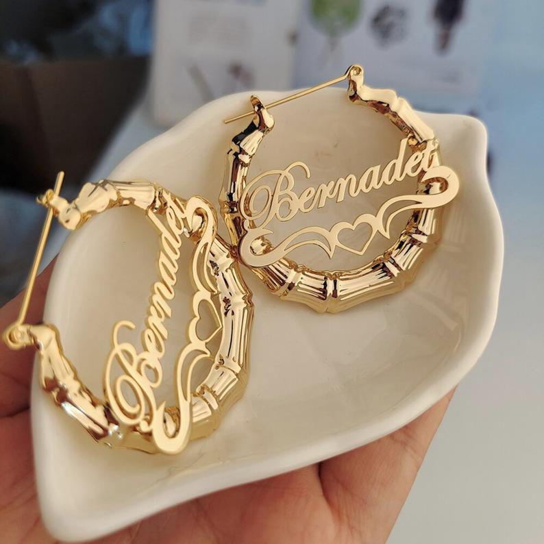 Custom Bamboo Name Earrings, Heart Bamboo Hoops, Nameplate Earrings