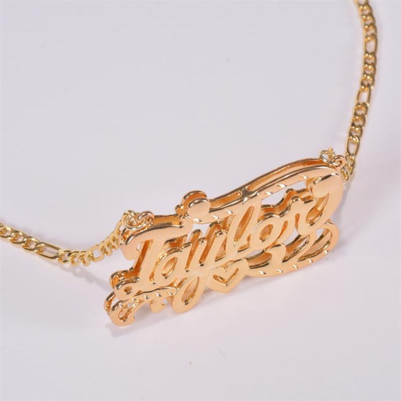 Double Plated Name Necklace, Double Nameplate with Figaro Link Chain
