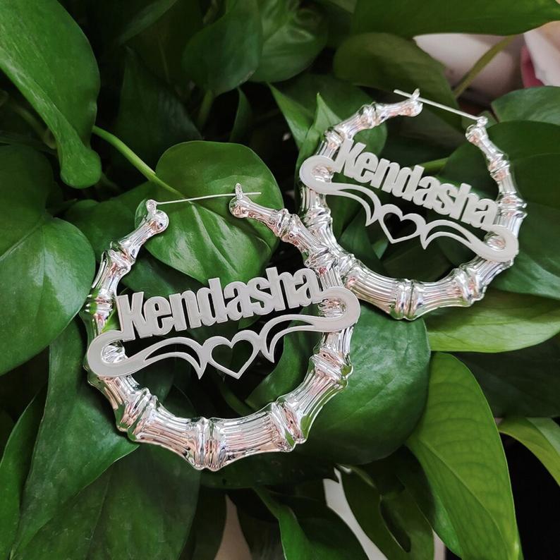 Custom Bamboo Name Earrings, Heart Bamboo Hoops, Nameplate Earrings