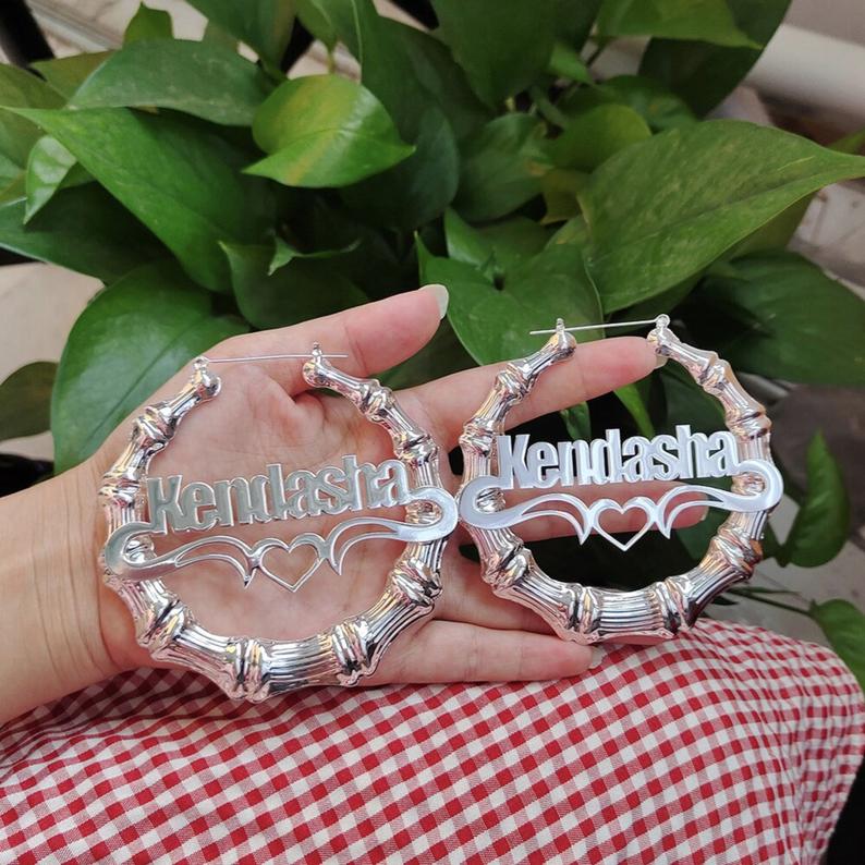 Custom Bamboo Name Earrings, Heart Bamboo Hoops, Nameplate Earrings