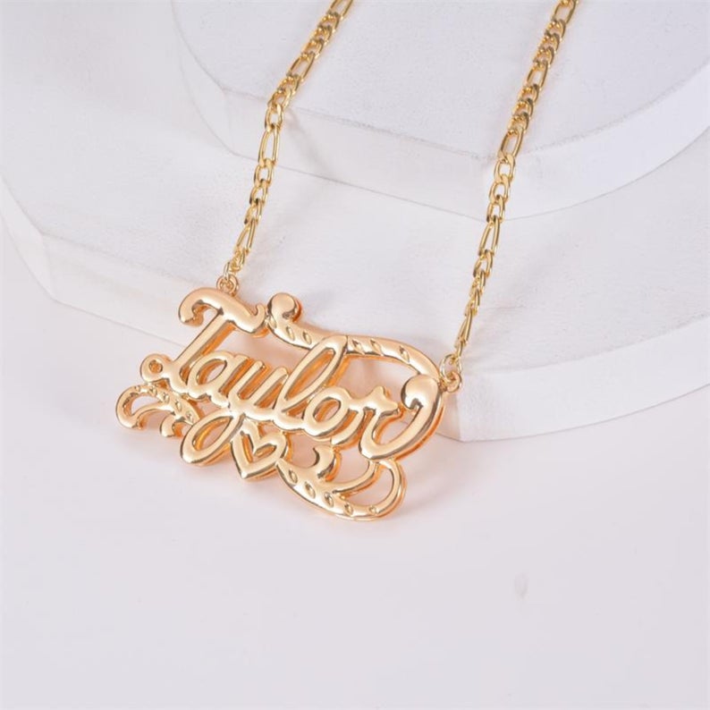 Double Plated Name Necklace, Double Nameplate with Figaro Link Chain