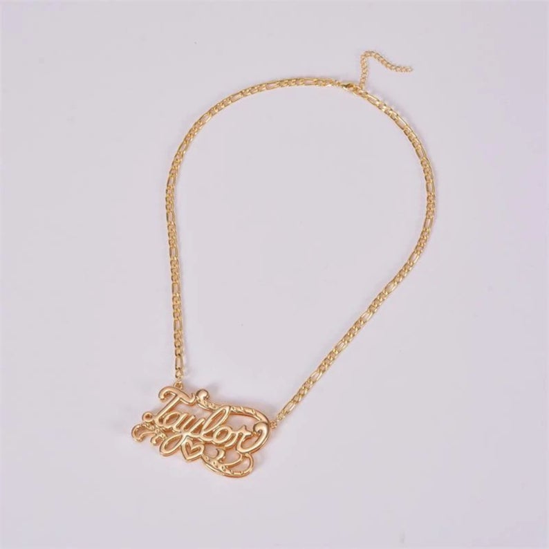 Double Plated Name Necklace, Double Nameplate with Figaro Link Chain