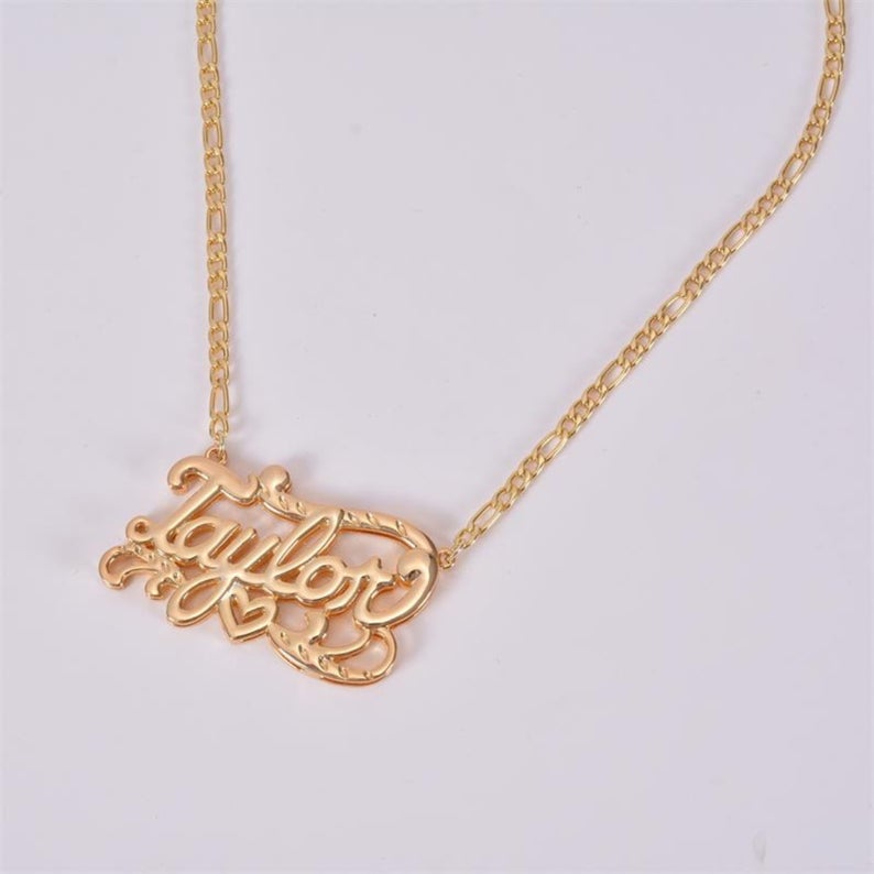 Double Plated Name Necklace, Double Nameplate with Figaro Link Chain