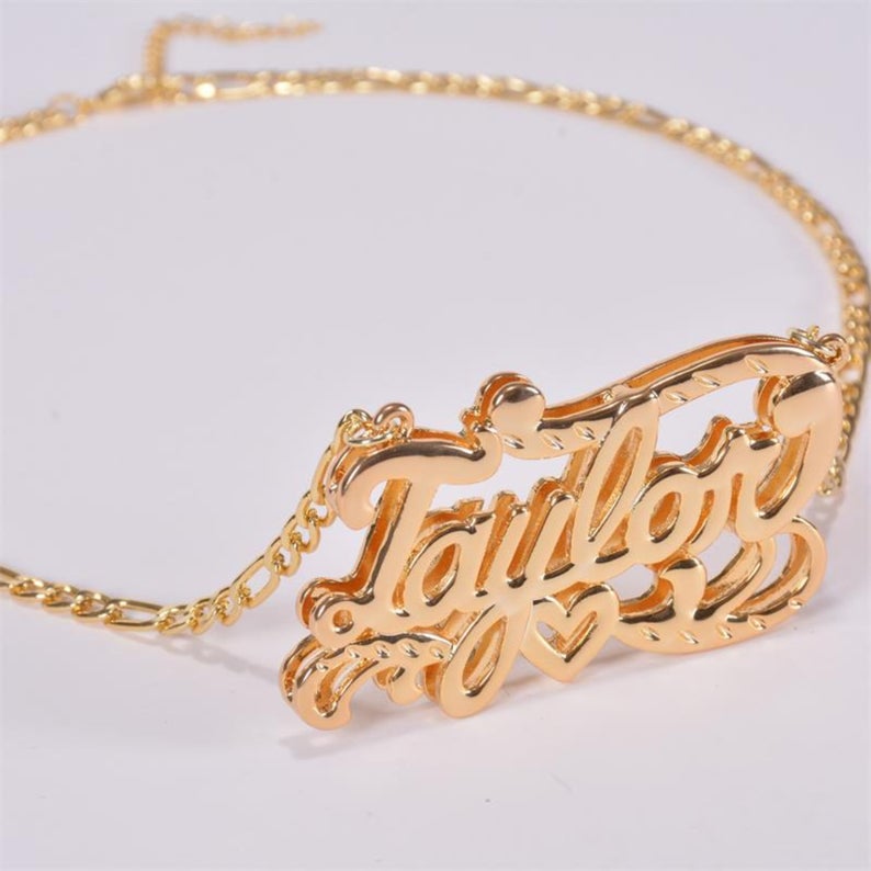 Double Plated Name Necklace, Double Nameplate with Figaro Link Chain