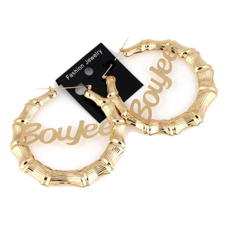 Personalized Big Hoop Earrings, Gold Natural Bamboo, Custom Name Hoop