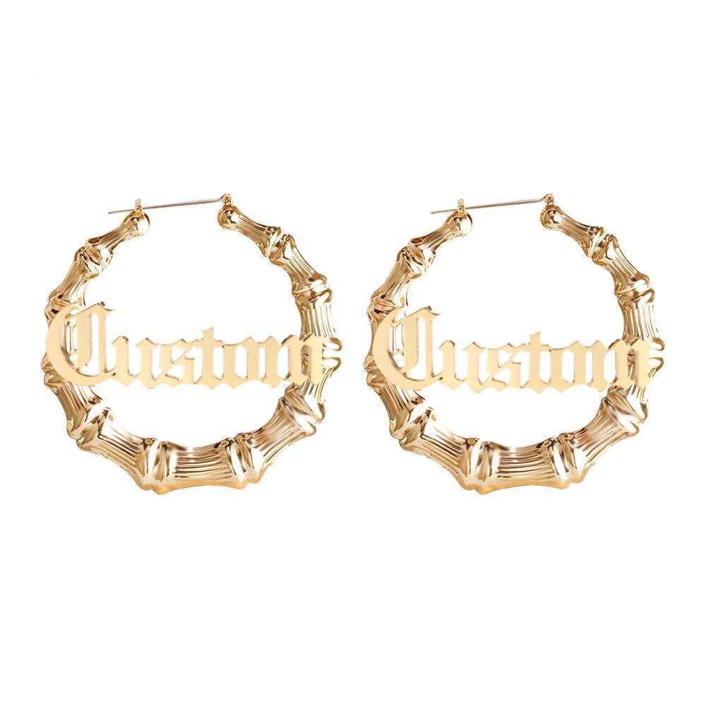 Personalized Big Hoop Earrings, Gold Natural Bamboo, Custom Name Hoop