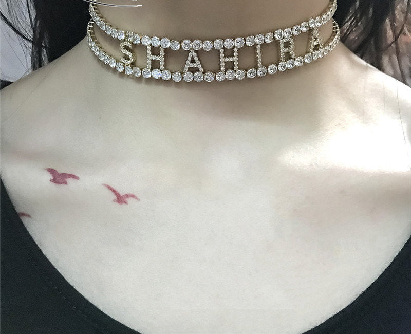 Layered CZ Diamond Choker, Personalized Initial Necklace, Crystal Choker