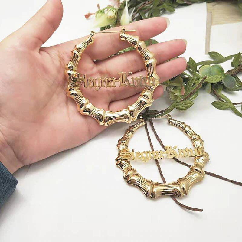Personalized Big Hoop Earrings, Gold Natural Bamboo, Custom Name Hoop