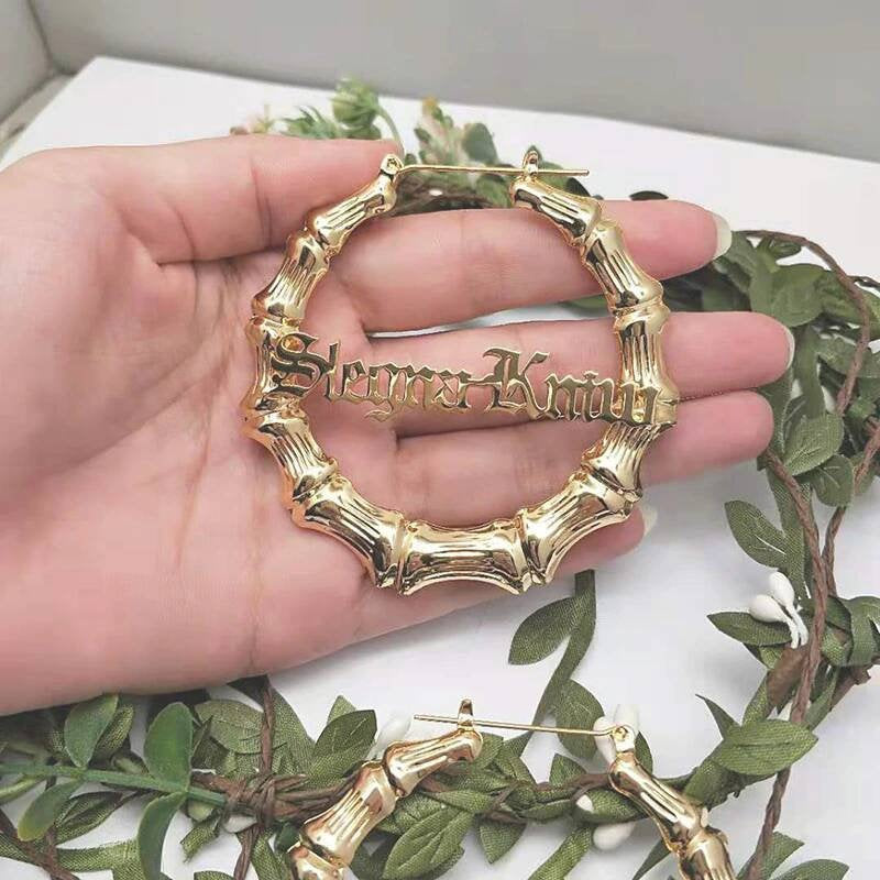 Personalized Big Hoop Earrings, Gold Natural Bamboo, Custom Name Hoop