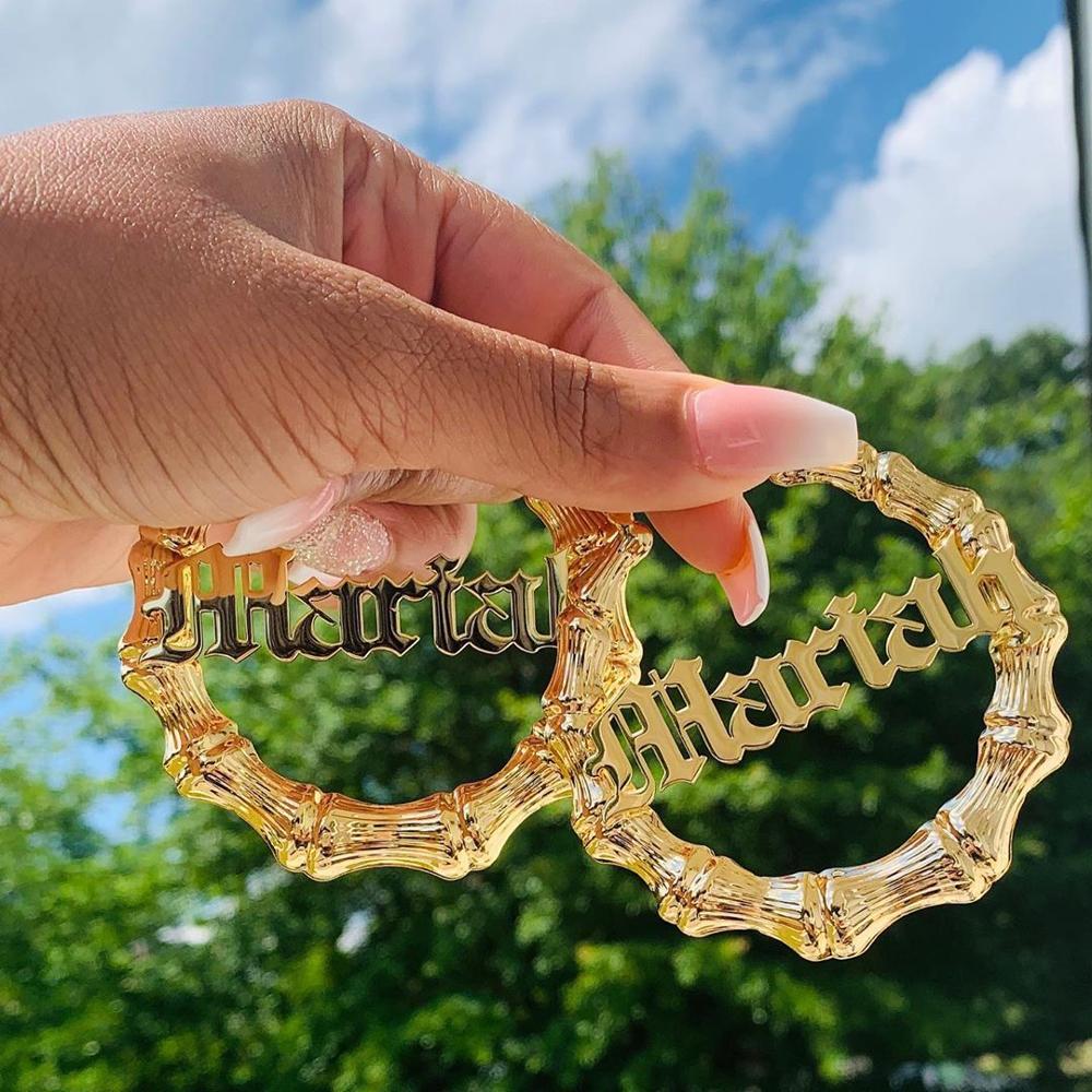Personalized Big Hoop Earrings, Gold Natural Bamboo, Custom Name Hoop