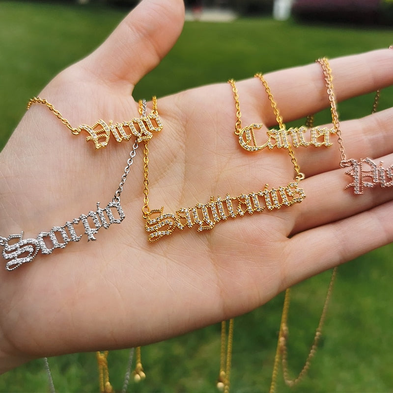 Personalized Zodiac Sing Necklace, Crystal Zodiac Constellations Pendant
