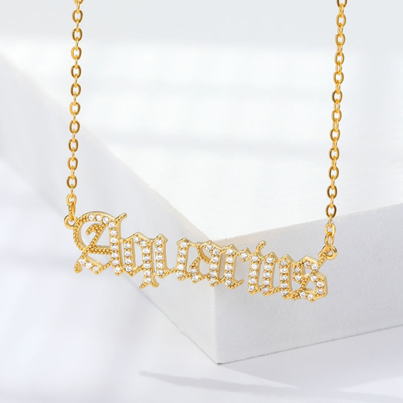 Personalized Zodiac Sing Necklace, Crystal Zodiac Constellations Pendant