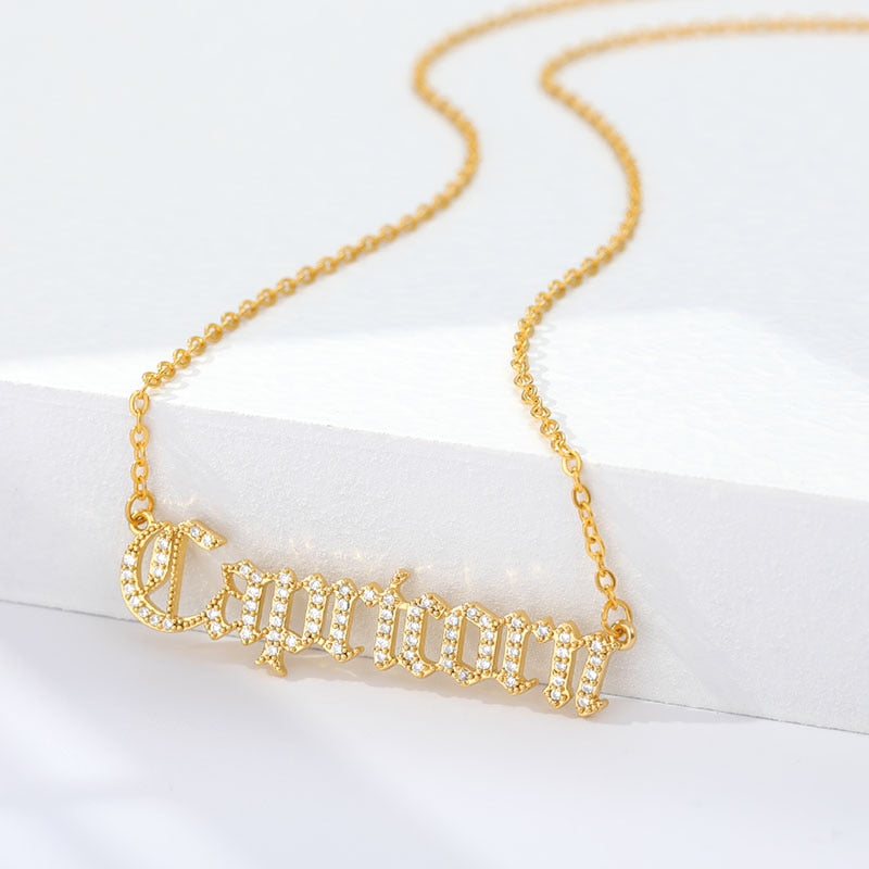Personalized Zodiac Sing Necklace, Crystal Zodiac Constellations Pendant