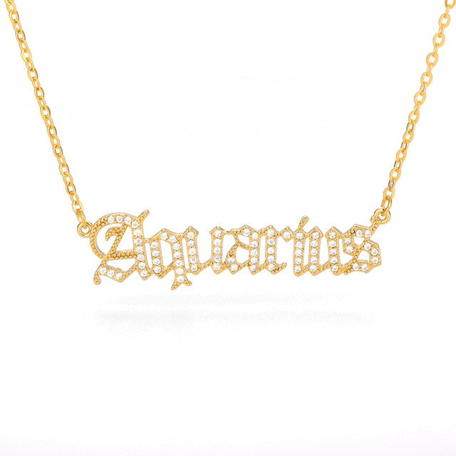 Personalized Zodiac Sing Necklace, Crystal Zodiac Constellations Pendant