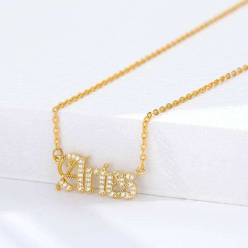 Personalized Zodiac Sing Necklace, Crystal Zodiac Constellations Pendant