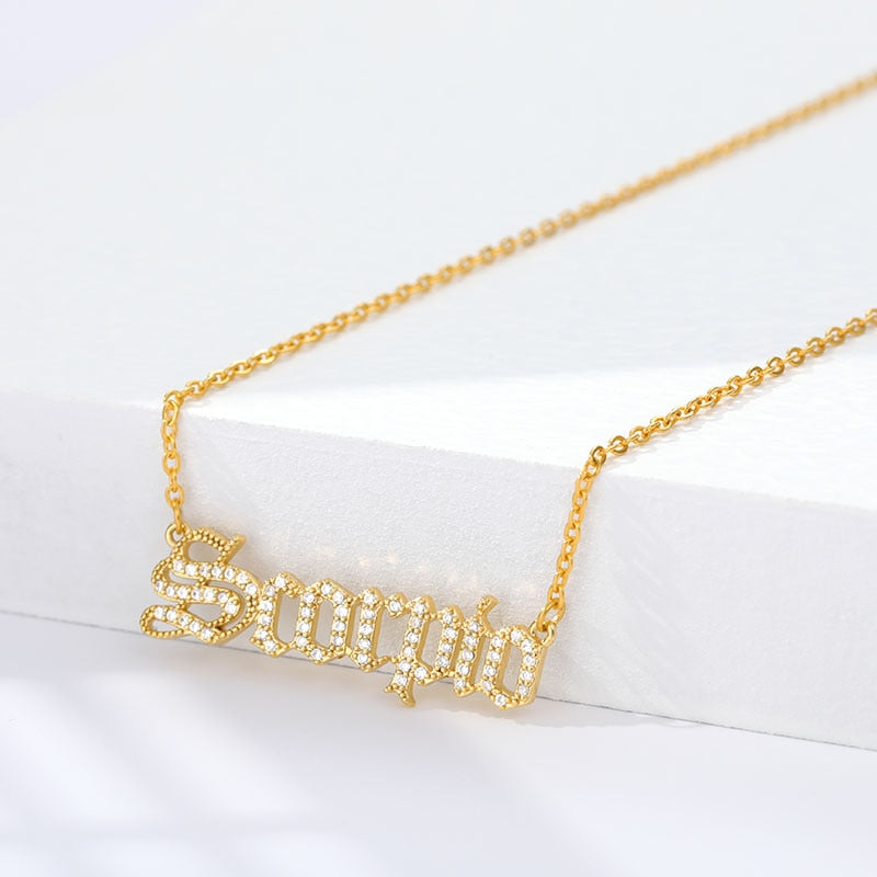 Personalized Zodiac Sing Necklace, Crystal Zodiac Constellations Pendant