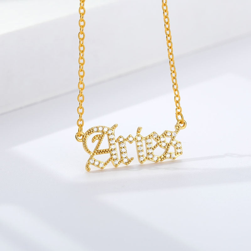 Personalized Zodiac Sing Necklace, Crystal Zodiac Constellations Pendant