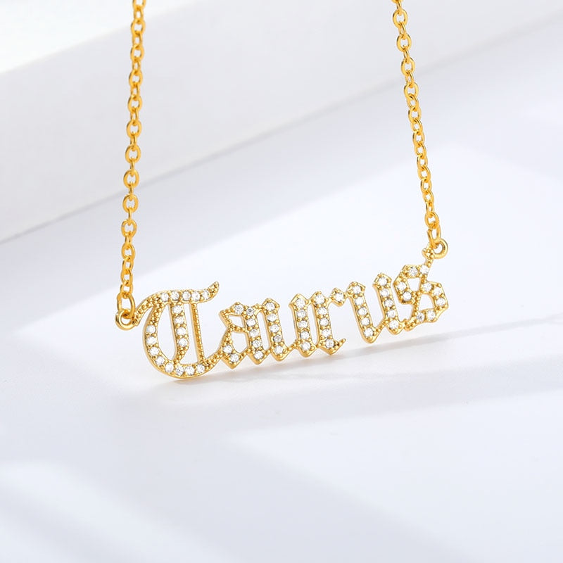 Personalized Zodiac Sing Necklace, Crystal Zodiac Constellations Pendant