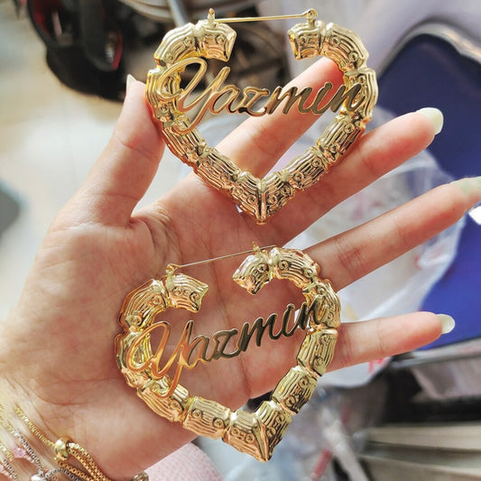 Personalized Bamboo Heart Shaped Earrings with Name