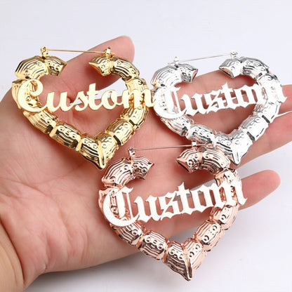 Personalized Bamboo Heart Shaped Earrings with Name