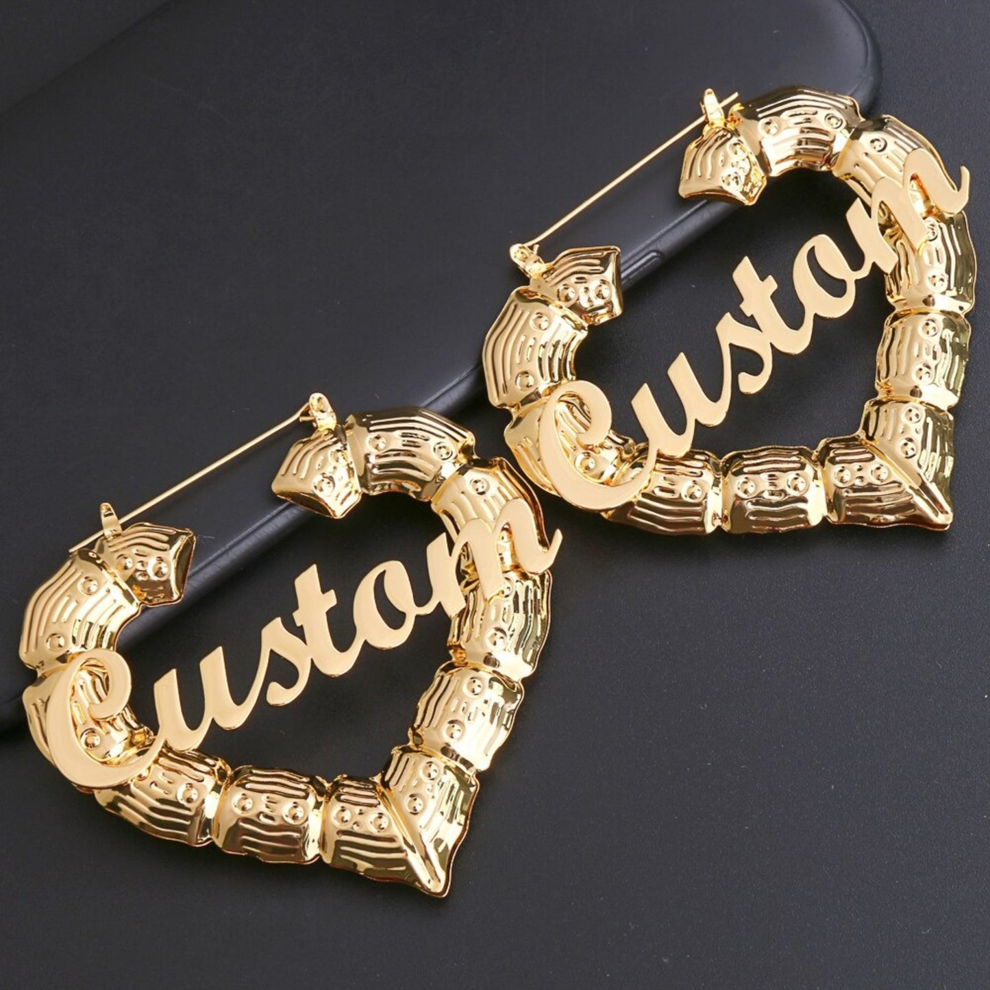 Personalized Bamboo Heart Shaped Earrings with Name